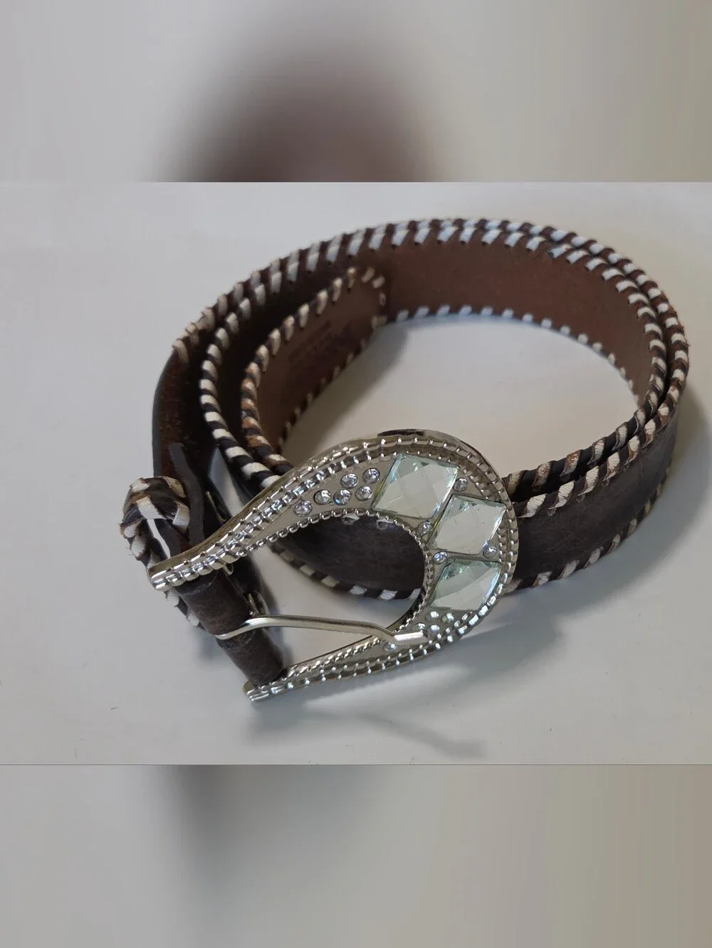 Nocona Brown Leather Belt with Rhinestone Buckle & Embroidery Scroll Size L